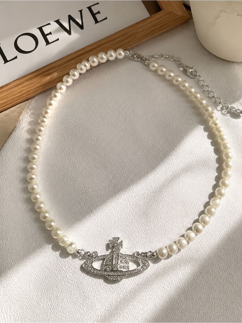 Loewe Pearl Necklace with Silver Orb Logo Pendant - White